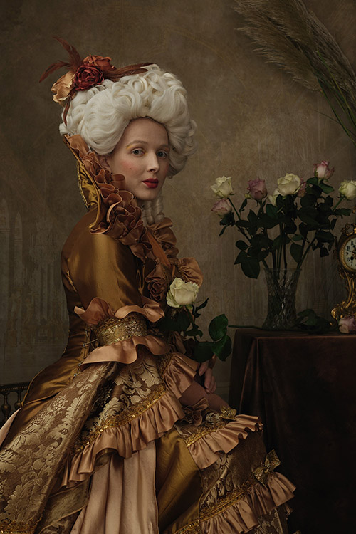 Marie Antionette shoot stunning period costume in a deep gold from the musical Phantom of the Opera